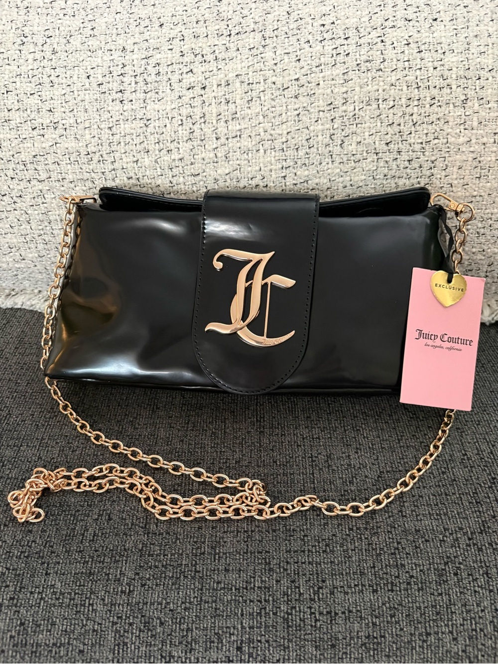Juicy Couture Black Patent Crossbody with Gold JC Logo & Chain